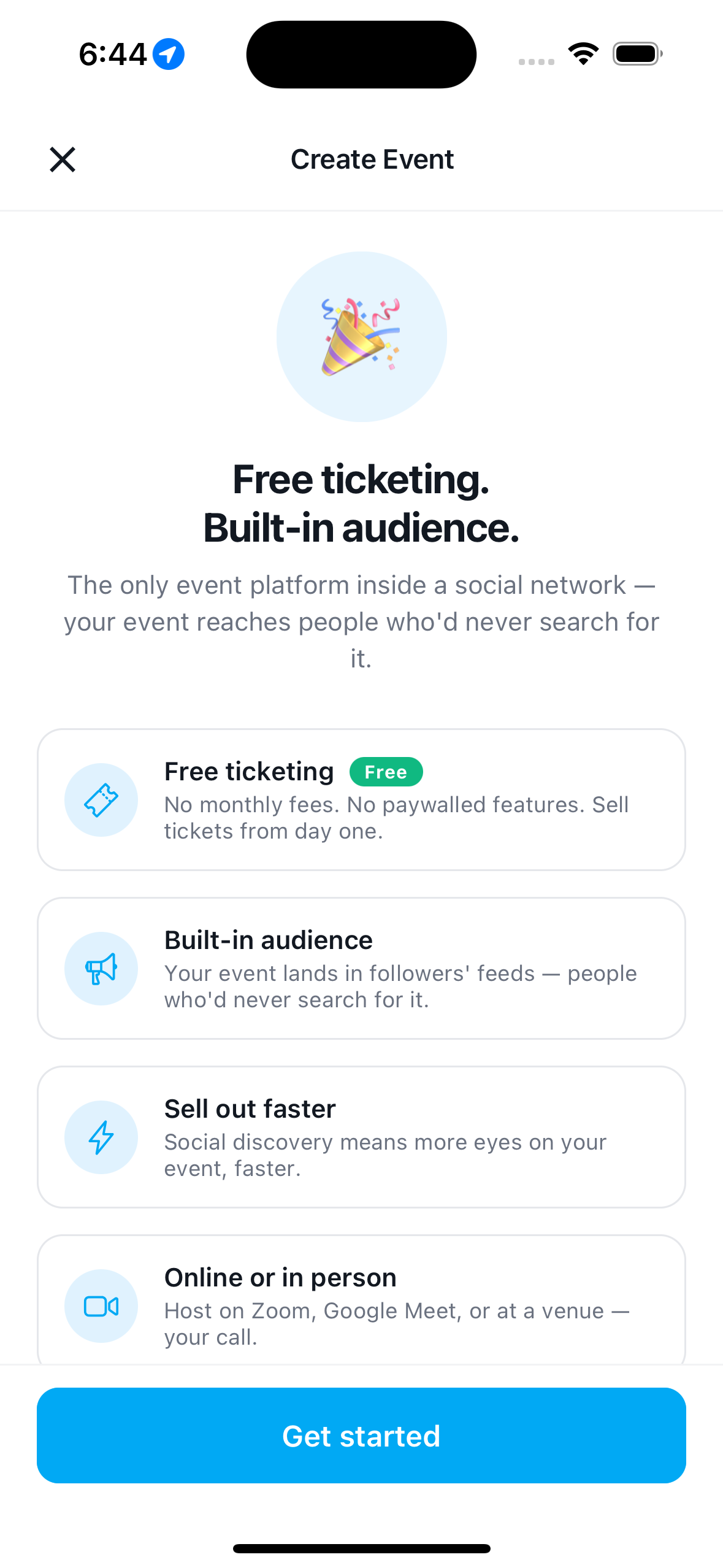 The Create Event intro screen: free ticketing, built-in audience, sell out faster, and online-or-in-person, with a Get started button.