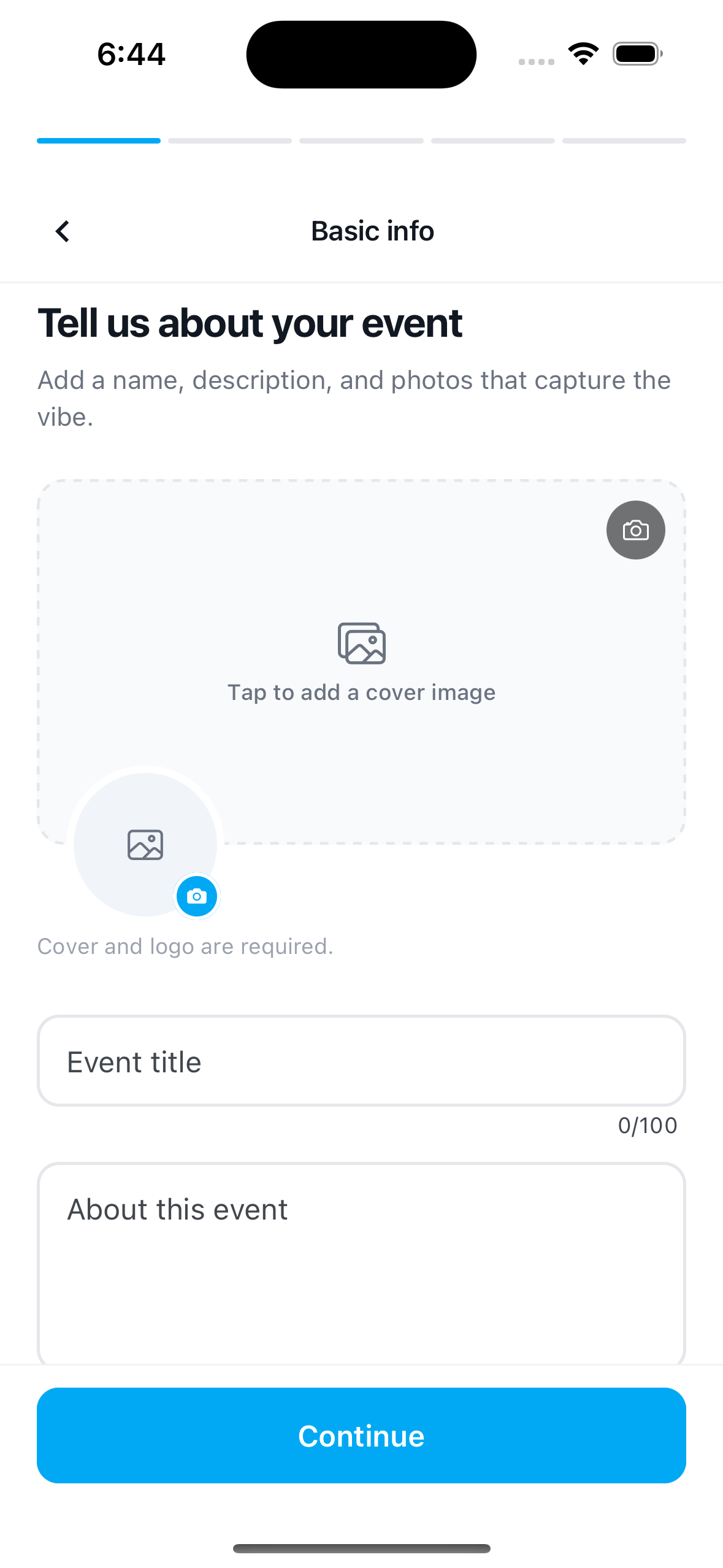 The Basic info step: cover image and logo upload, event title, and About this event fields.
