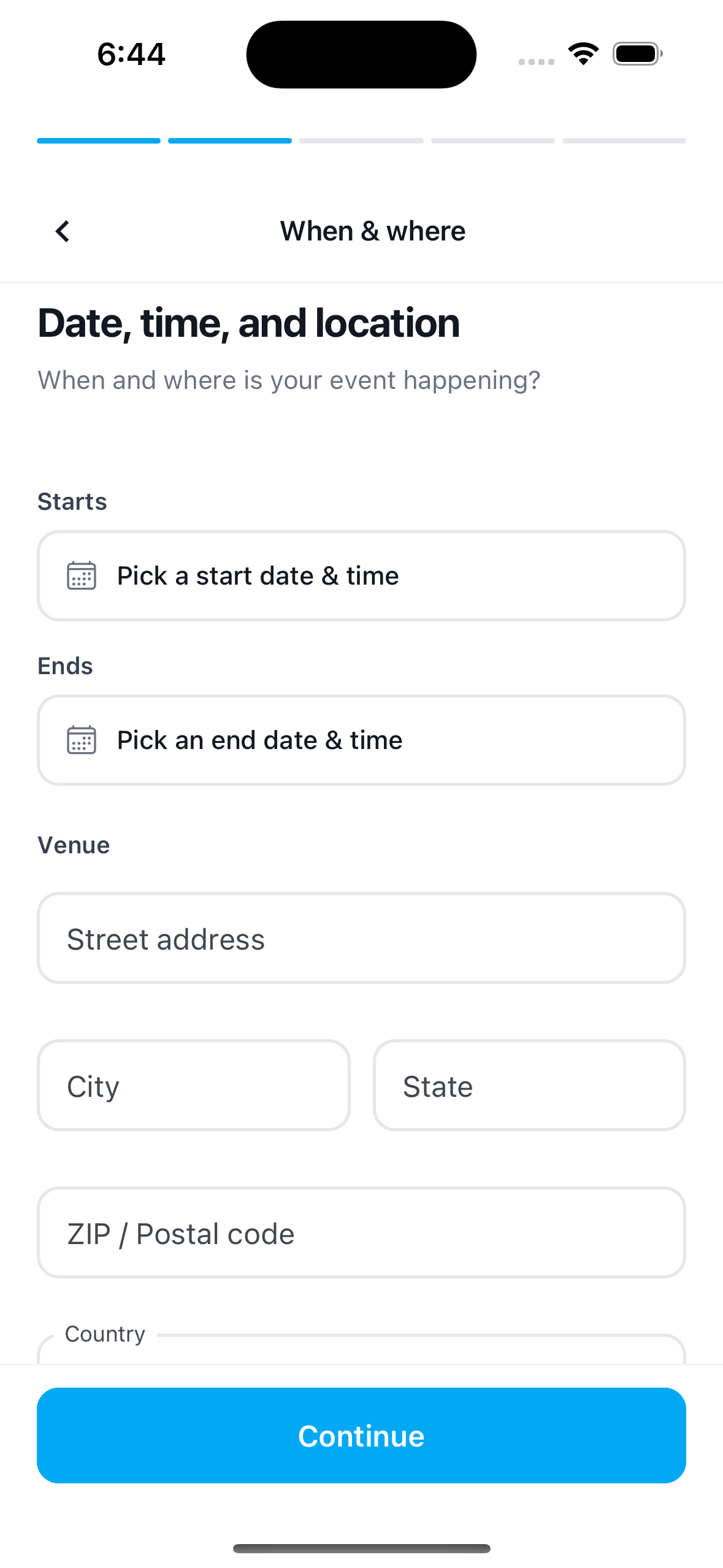 The When & where step: start and end date/time pickers and venue address fields.