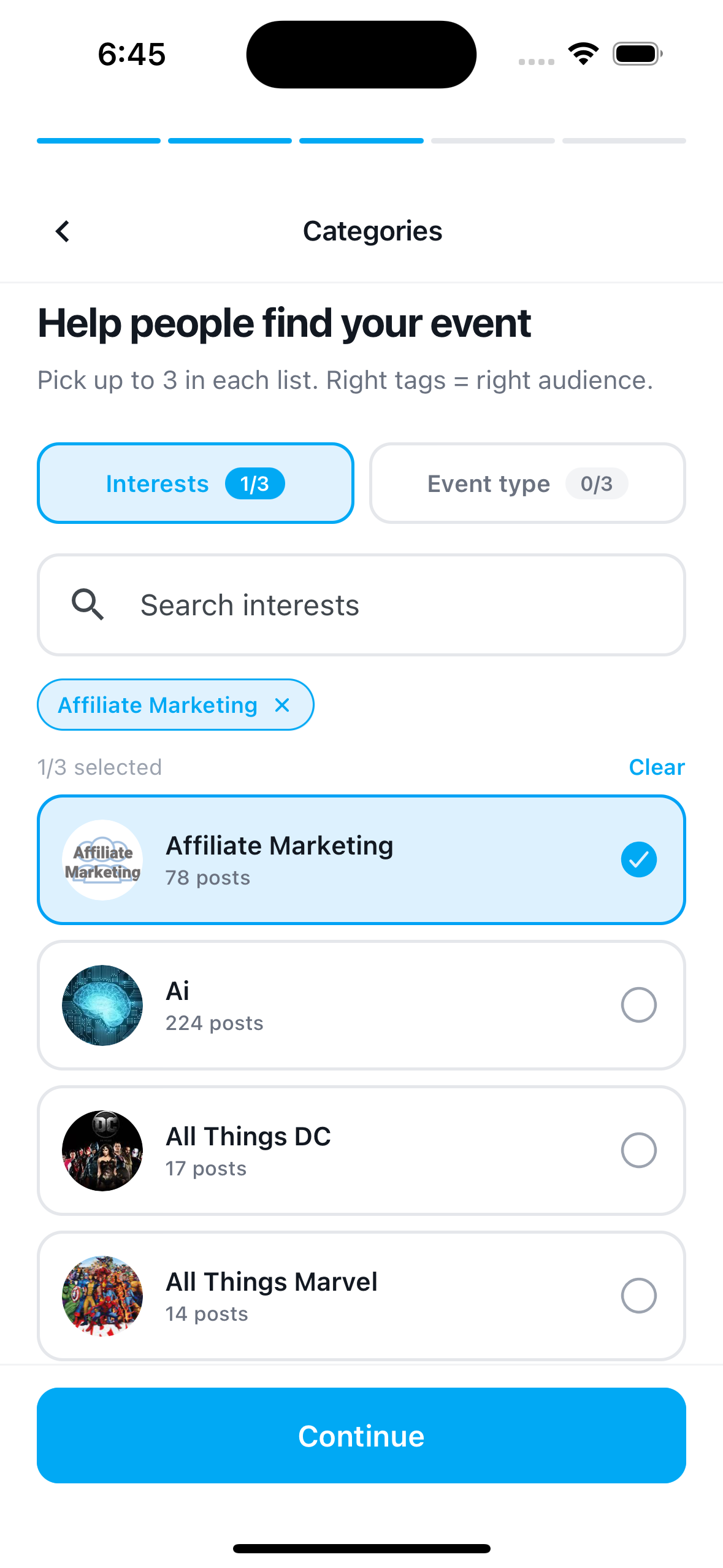 The Categories step on the Interests tab, with a search box and selectable interest rows.
