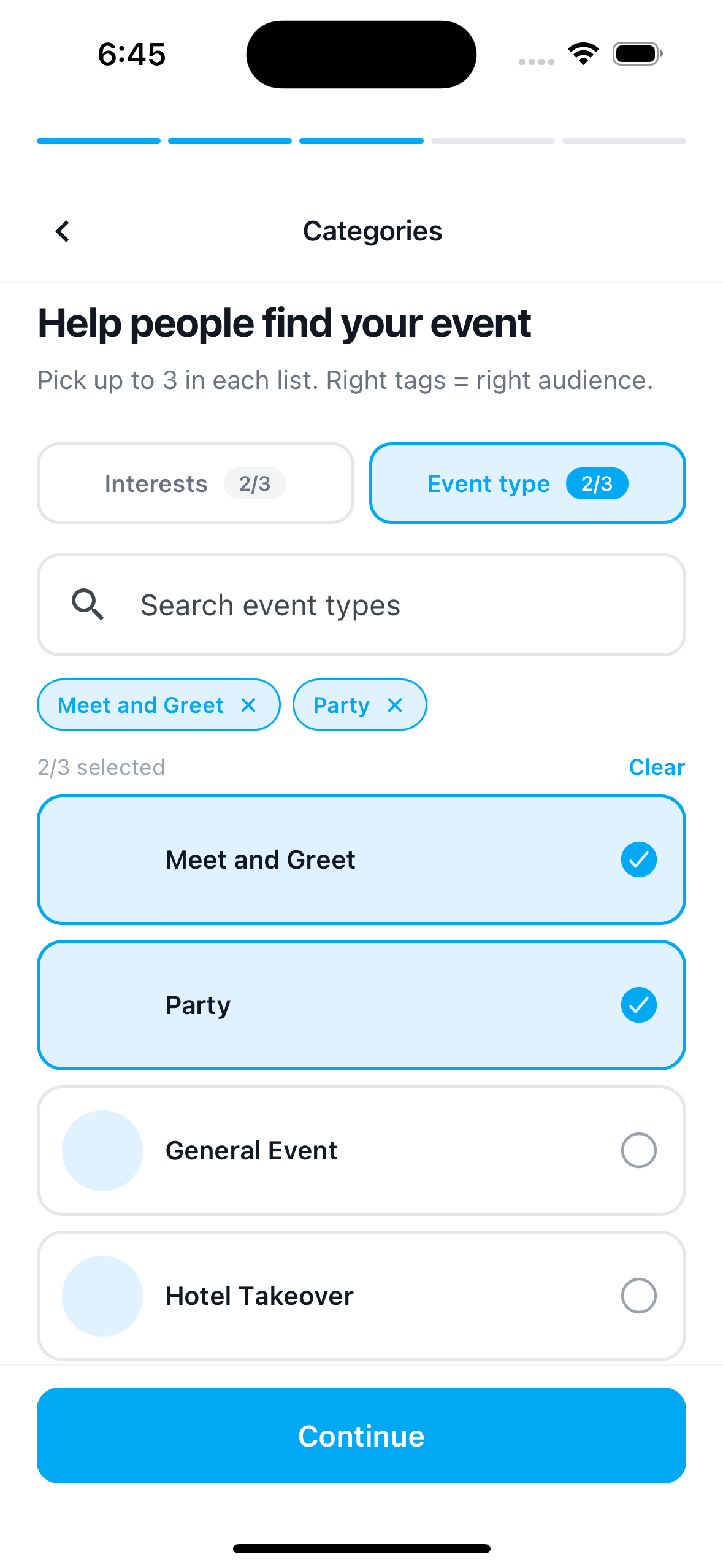The Categories step on the Event type tab, with Meet and Greet and Party selected.